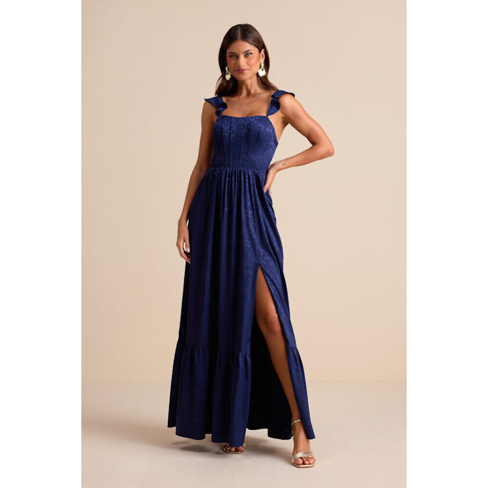 Lulus Arlaith Navy Jacquard Lace-up Corset Maxi Dress Blue - Size M